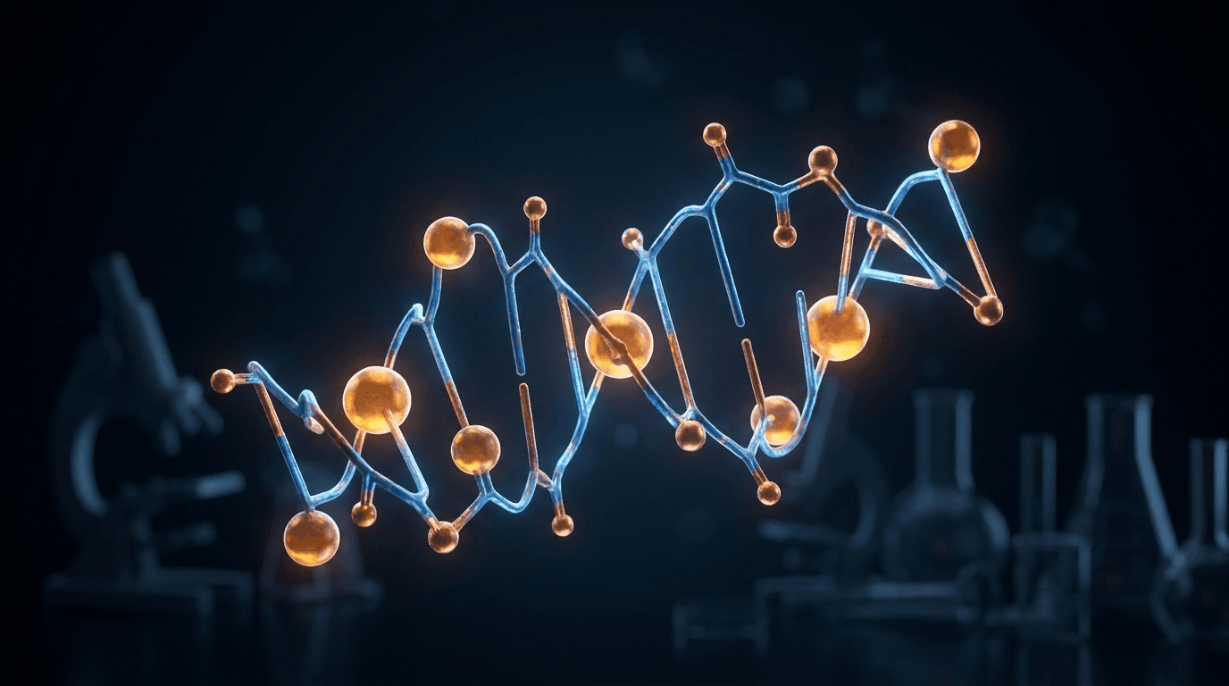 GHK-Cu copper tripeptide molecular helix structure glowing amber and blue — copper ions and peptide chain visualization for skin anti-aging and hair regrowth research