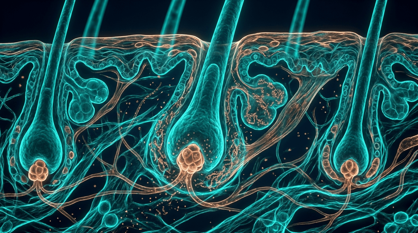 Hair follicle cross-section showing dermal papilla cells, follicle bulge stem cell niche, and surrounding collagen matrix — GHK-Cu copper peptide hair growth mechanism visualization