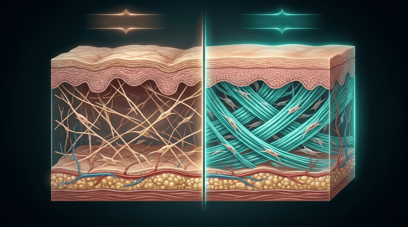 Human skin cross-section showing GHK-Cu copper peptide collagen matrix regeneration — before aging sparse collagen versus dense organized collagen after treatment